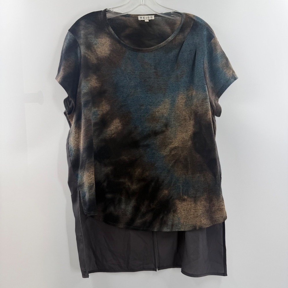 Reiss Portia Tie Dye Mixed Media High Low Top Blue Brown Gray Large